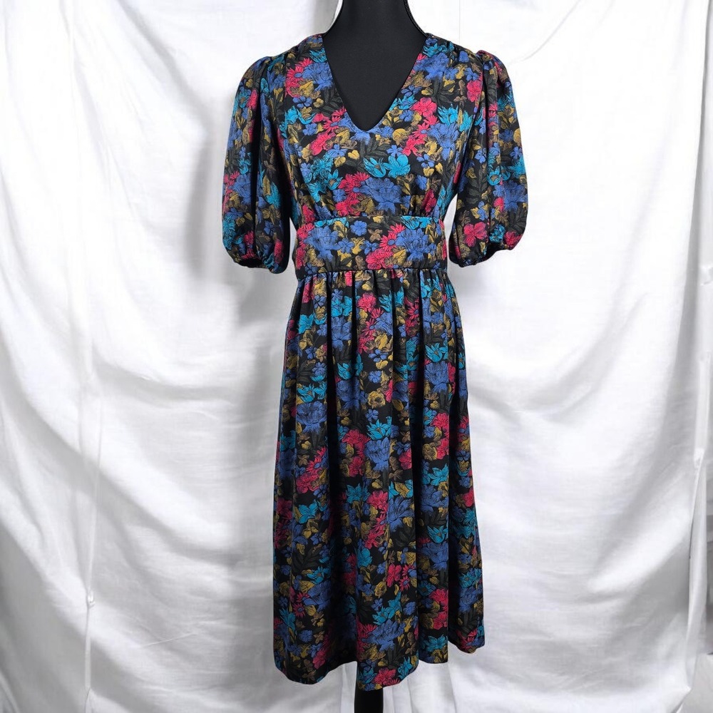 Virgo II Vintage Floral Puff Sleeve Midi Dress V-Neck Tie Waist Made in USA MED?
